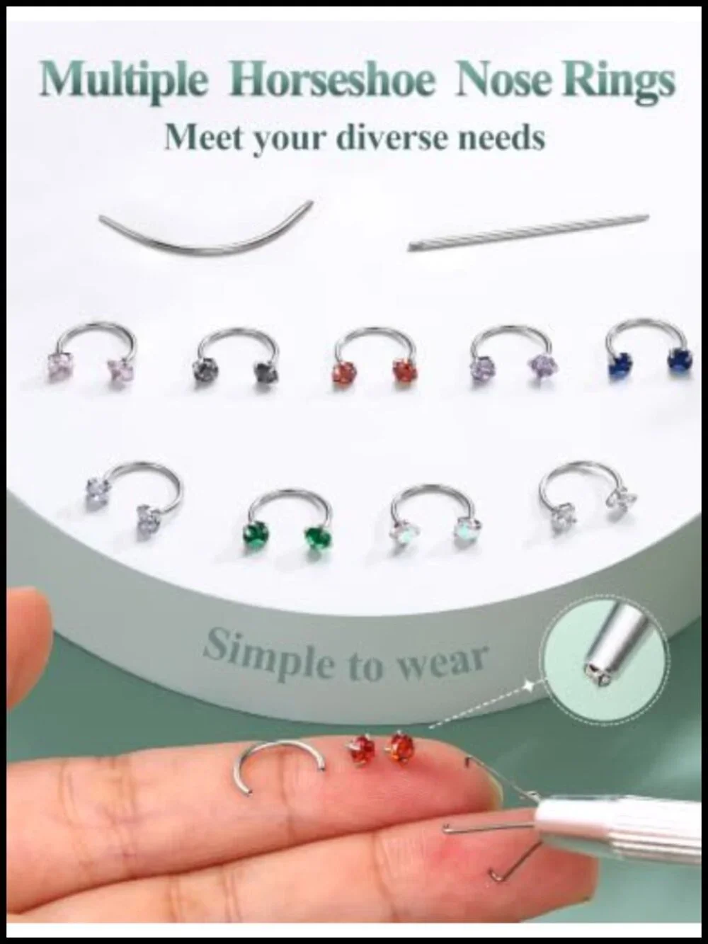 9Pc Horseshoe Nose Ring Set Surgical Steel 20G Septum Hoop Lip Ring CZ